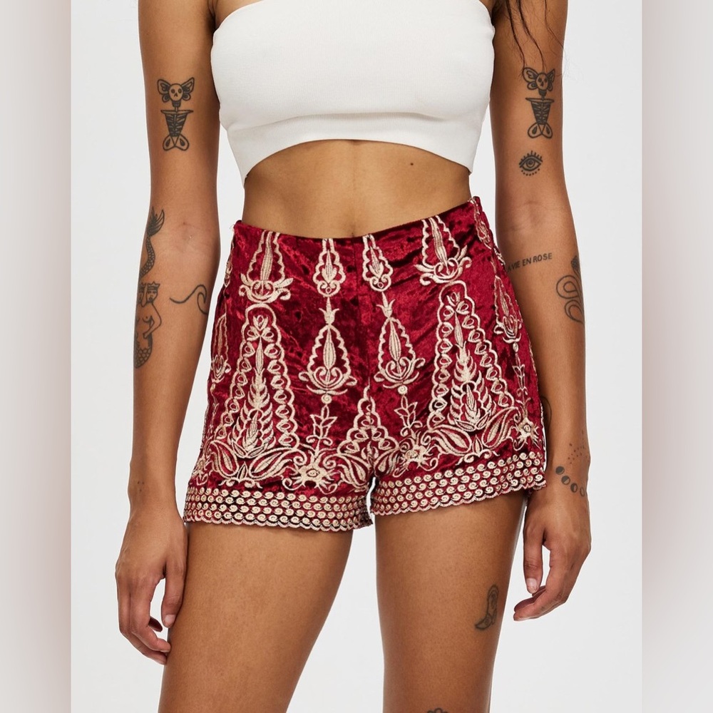 Embroidered High Waist Velvet Shorts in Burgundy